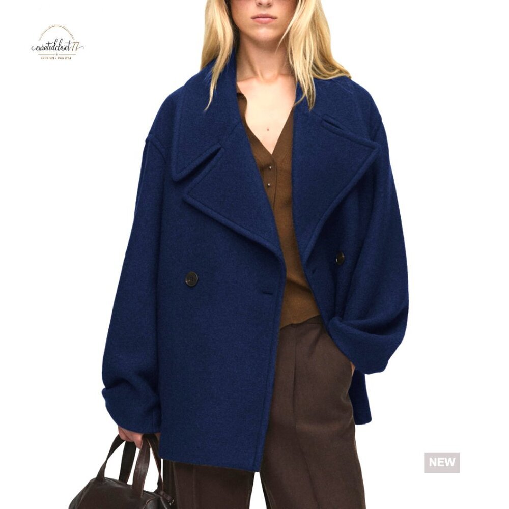 Oversized Cropped Peacoat Classic Wool Blend Double Breasted Notch Lapel Jacket